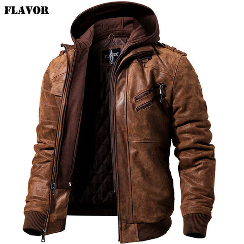 Removable Hood Winter Coat Men Warm Genuine Leather Jackets