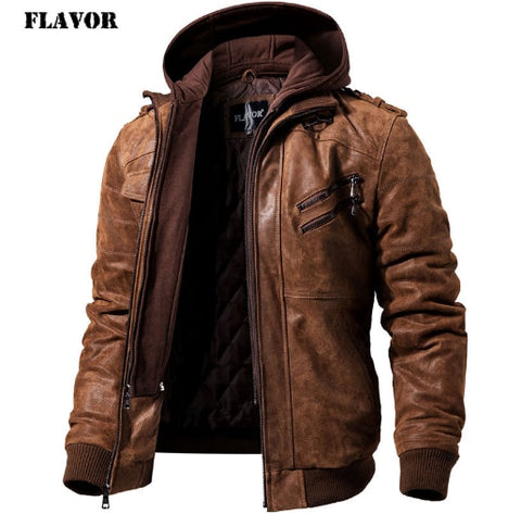 Removable Hood Winter Coat Men Warm Genuine Leather Jackets